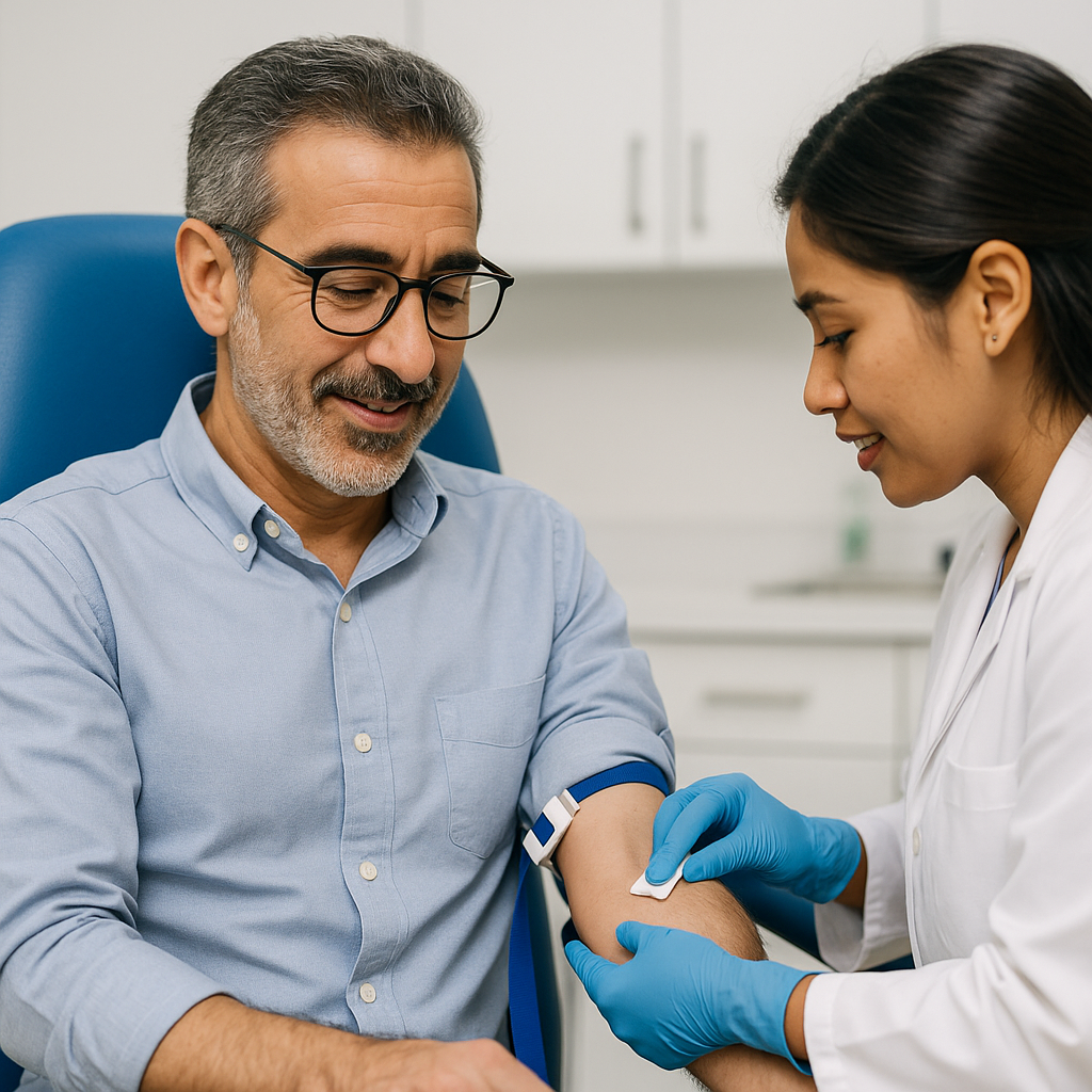 older man having arm prepped by phlebotomist, cancer, preparation, abo, health check