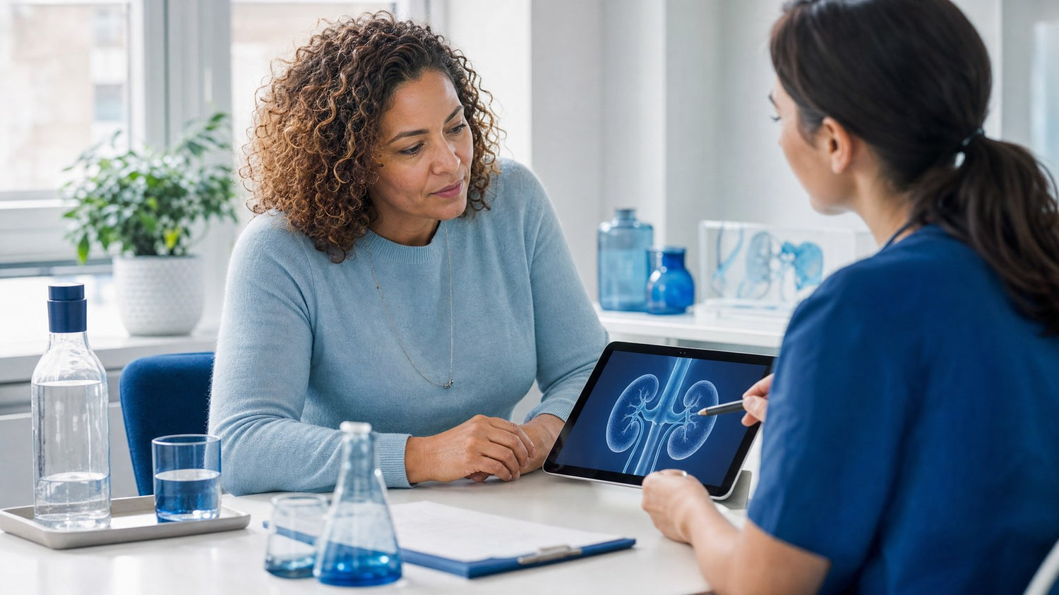 Healthcare professional reviewing Advanced Kidney (Renal) Function blood test results with patient