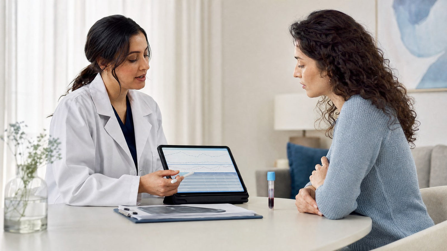 A woman reviewing her Advanced Female Fertility Check results with a healthcare professional