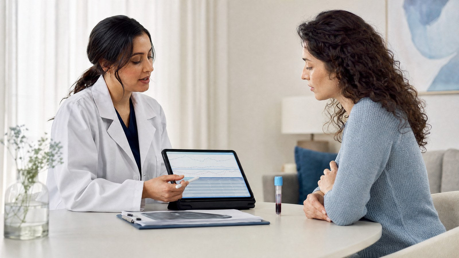 A woman reviewing her Advanced Female Fertility Check results with a healthcare professional