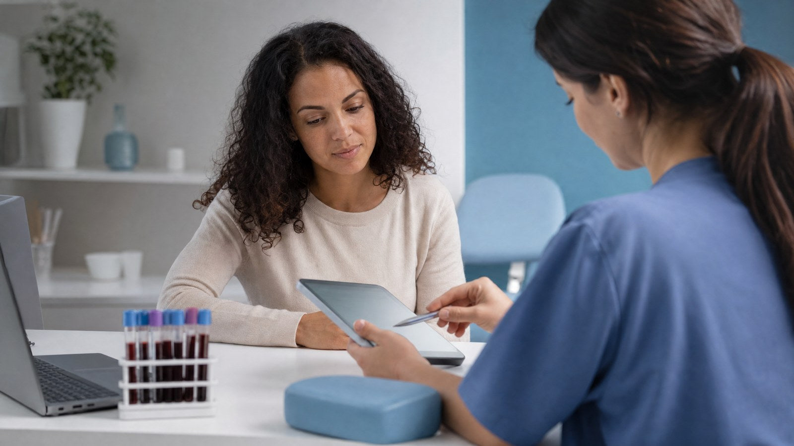 A healthcare professional discussing the BhCG (Quantitative) Blood Test results with a patient