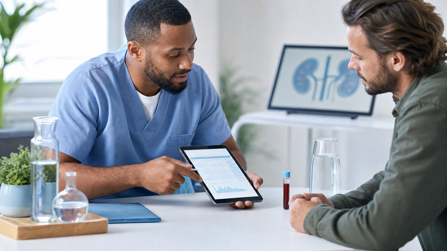 A healthcare professional reviewing urea blood test results with a patient