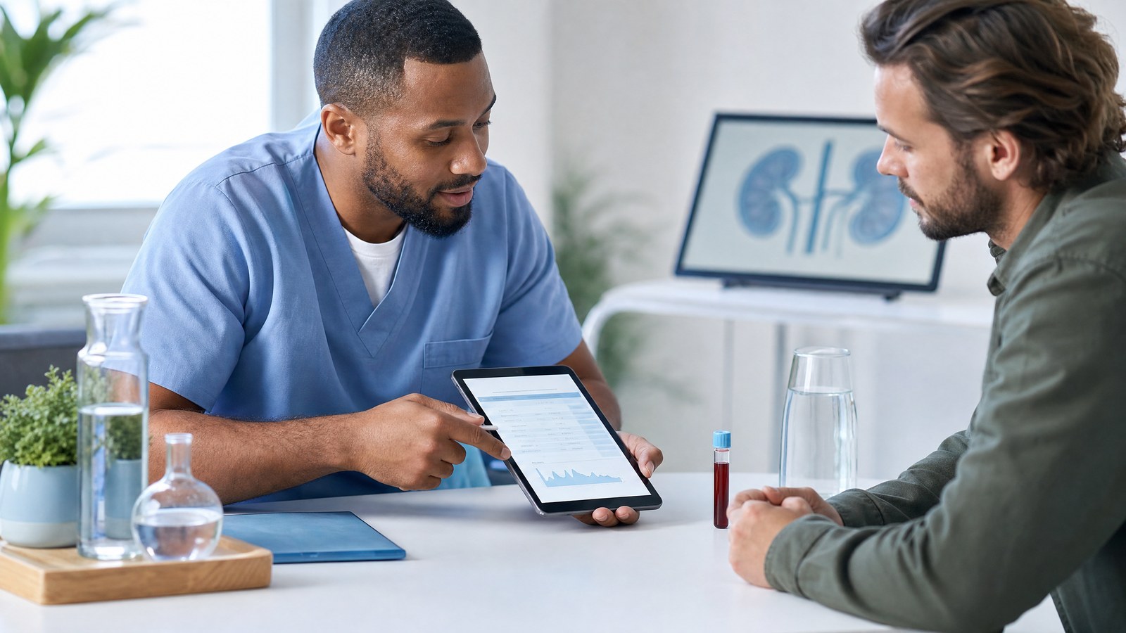 A healthcare professional reviewing urea blood test results with a patient