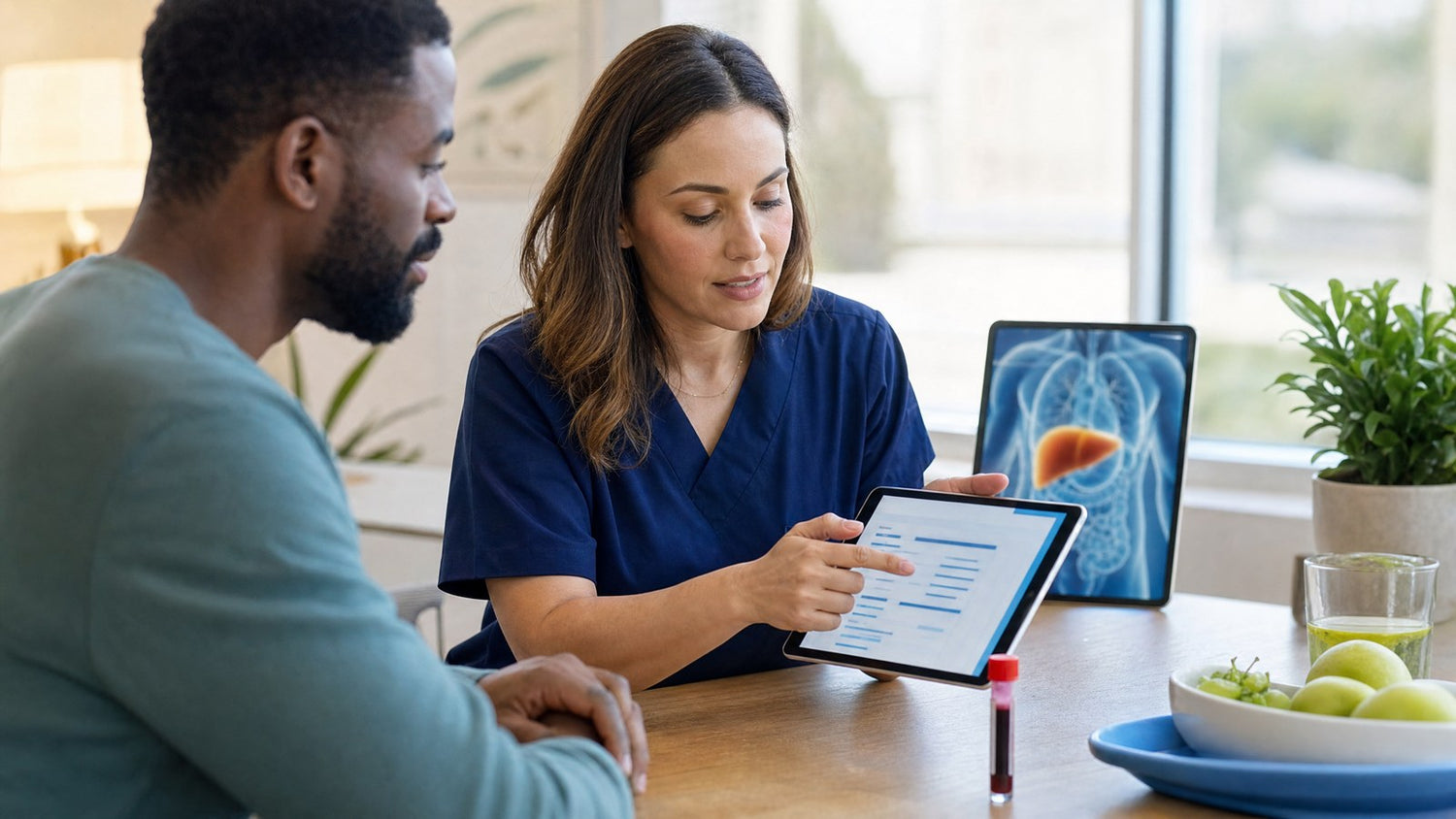 A healthcare professional reviewing Advanced Liver Function blood test results