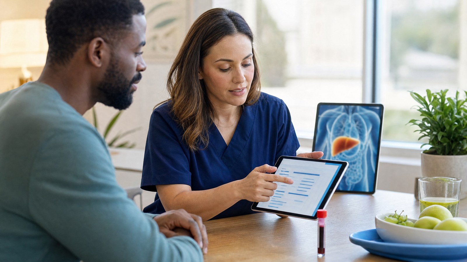 A healthcare professional reviewing Advanced Liver Function blood test results