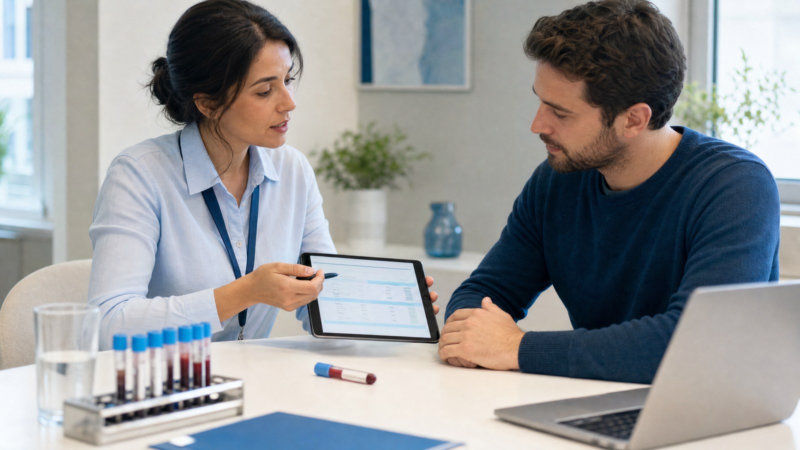 A healthcare professional reviewing results for an Accutane (Isotretinoin) Treatment Blood Test