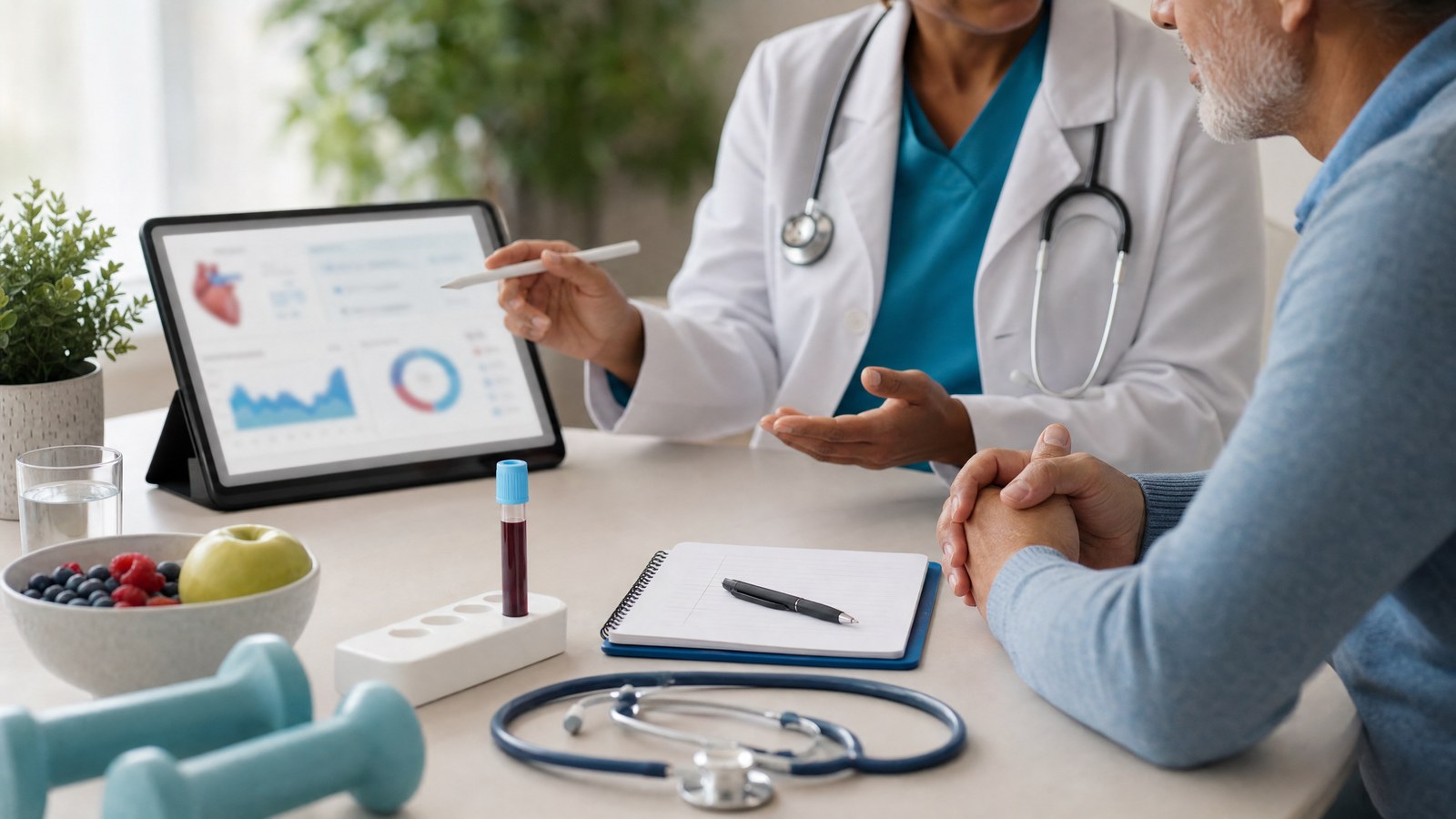 A doctor discussing Apolipoprotein B (Apo B) blood test results with a patient
