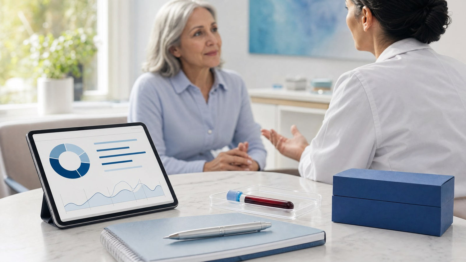 A woman reviewing her Advanced Female Fertility Check results with a healthcare professional