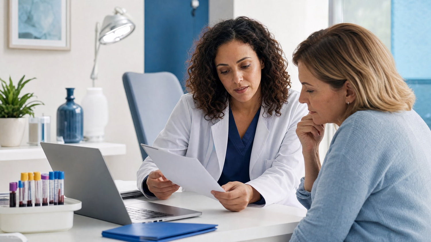 A patient discussing CA 15-3 blood test results with a doctor.