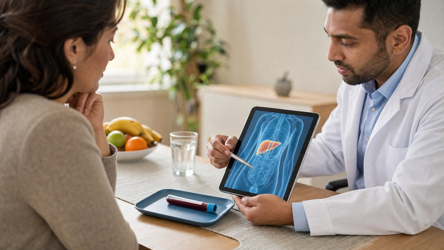 A healthcare professional reviewing Alphafetoprotein (AFP) Blood Test results on a tablet
