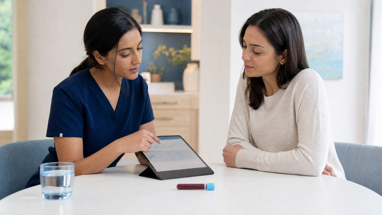 A healthcare professional discussing the IVF and STI Pre-Screening Blood Test with a patient.