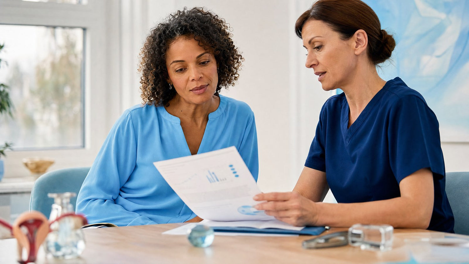 A couple reviewing their IVF and STI Pre-Screening Blood Test results with a healthcare professional.