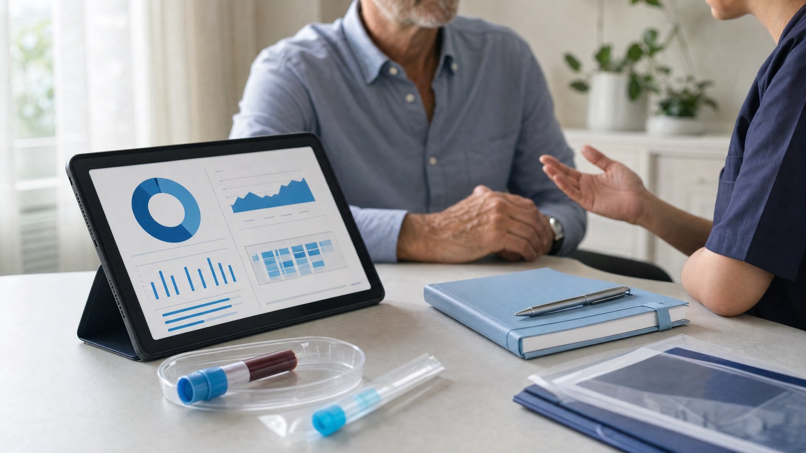 A professional reviewing travel health requirements, including the Hepatitis B Immunity Blood Test.