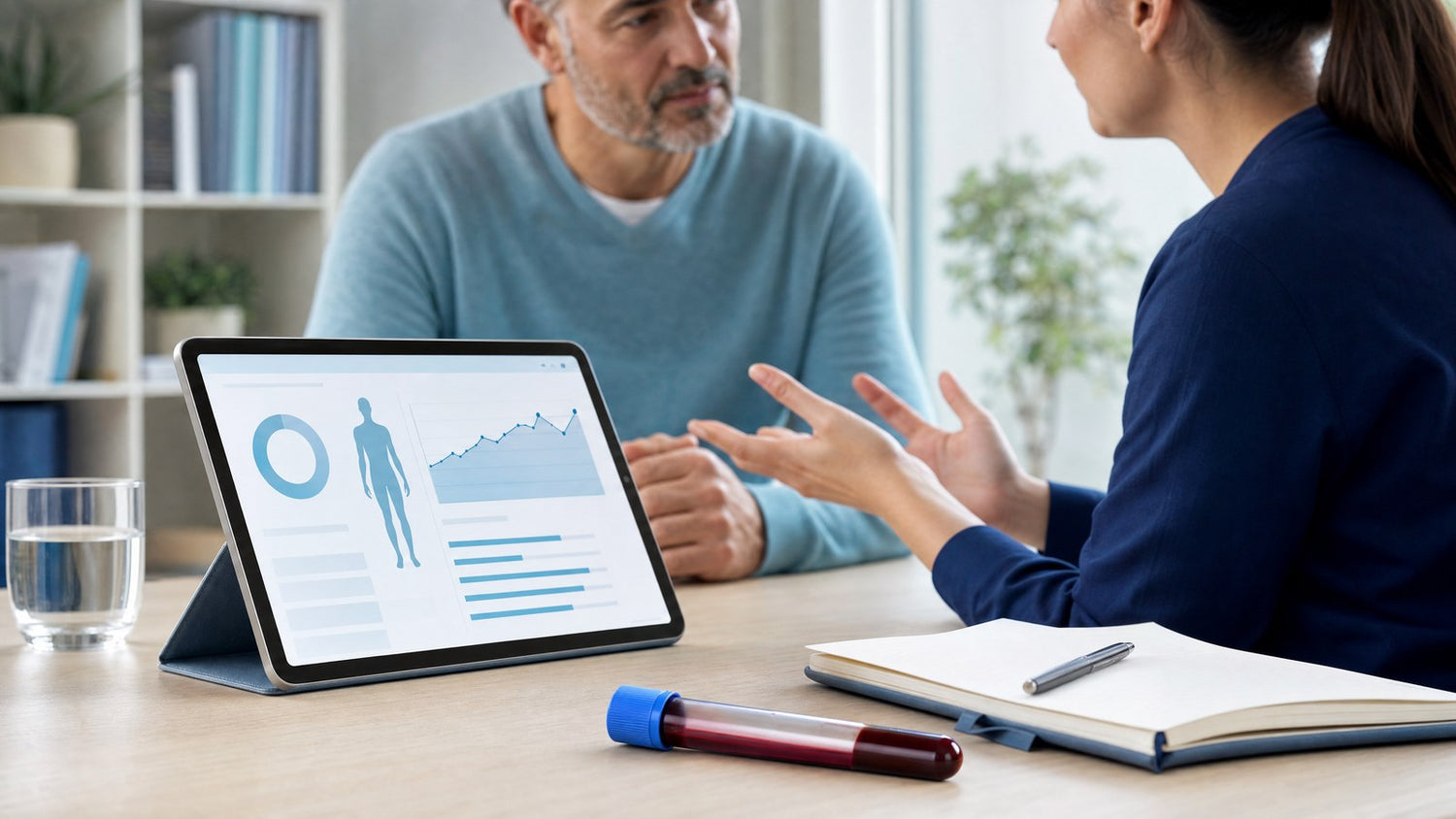 A person reviewing a detailed health report, including their Testosterone Blood Test results, on a tablet.