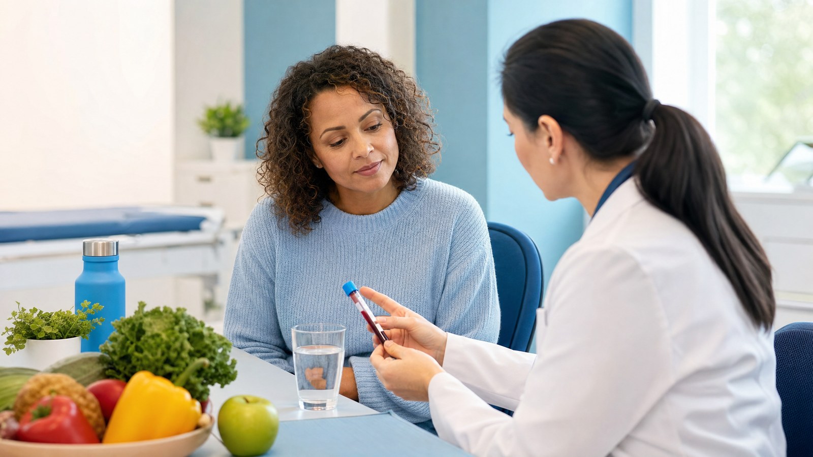 A healthcare professional discussing Essentials Vitamins Blood Test results
