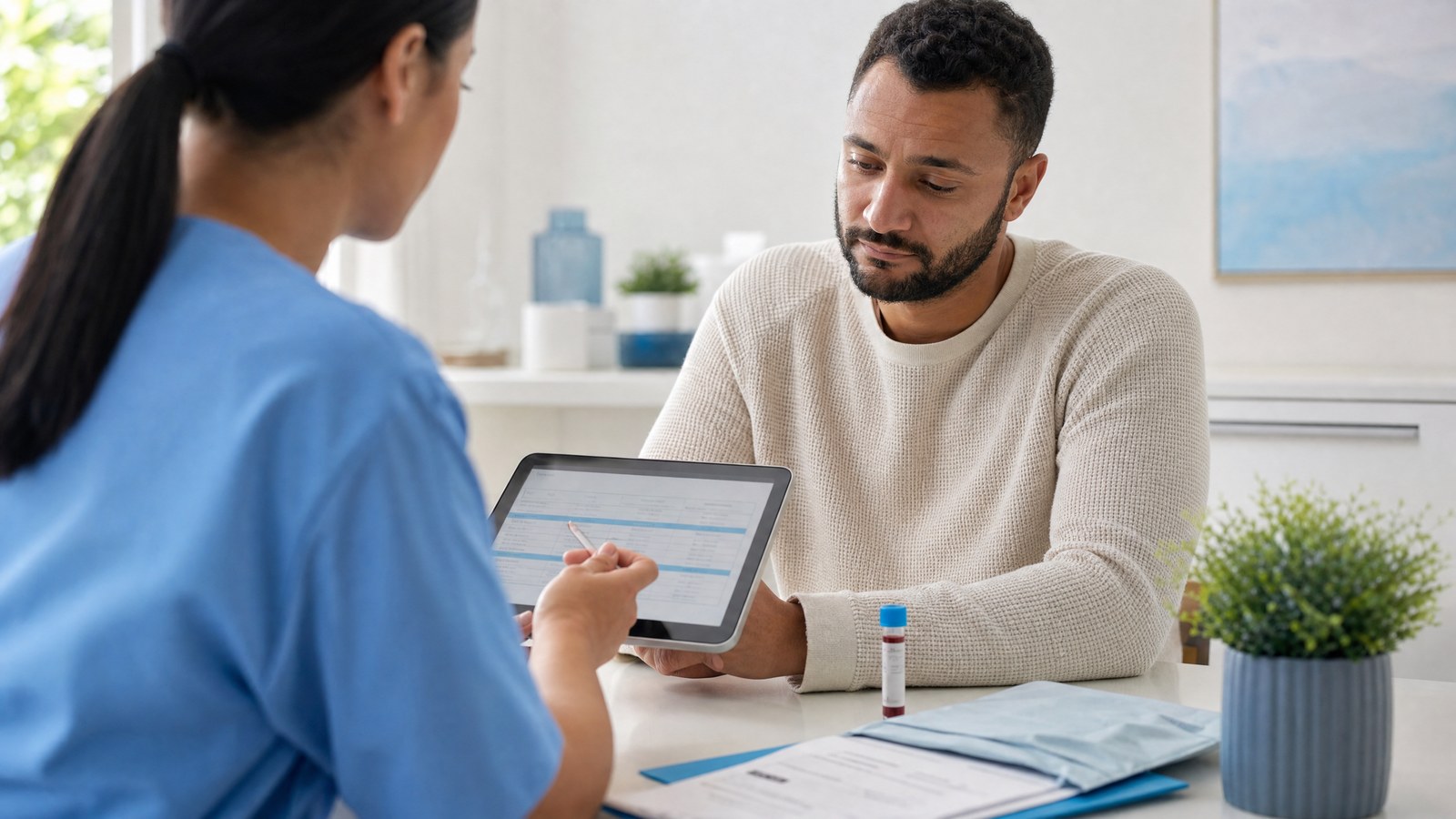 A healthcare professional reviewing results for a Hepatitis B Core Antibody (IgM) Blood Test