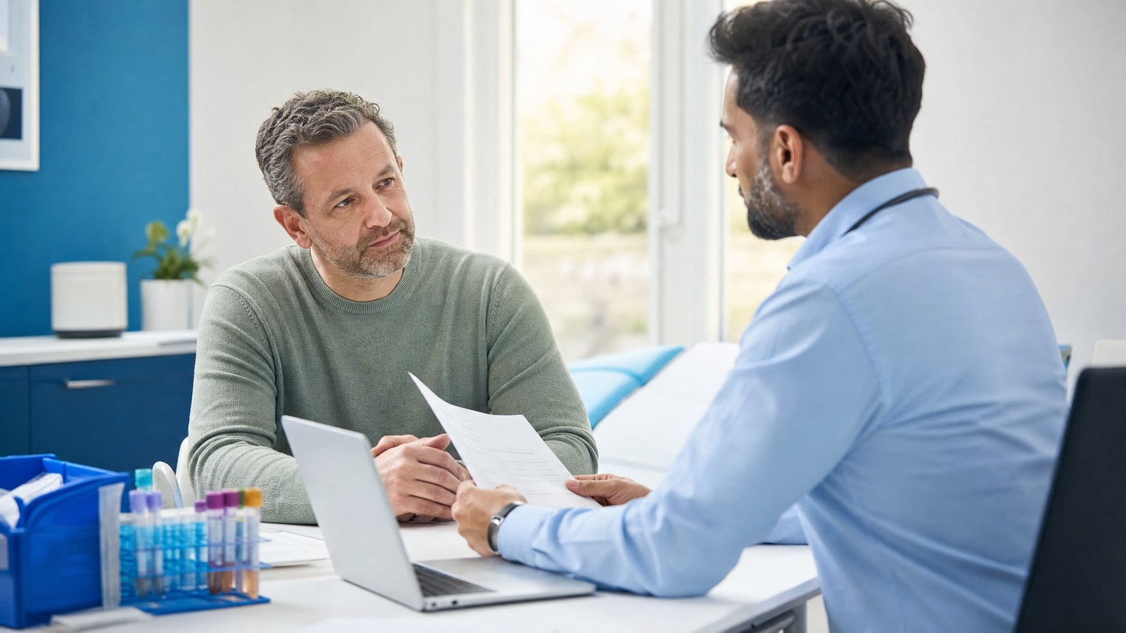 Healthcare professional explaining Prostate Specific Antigen (PSA) Blood Test results to a male patient