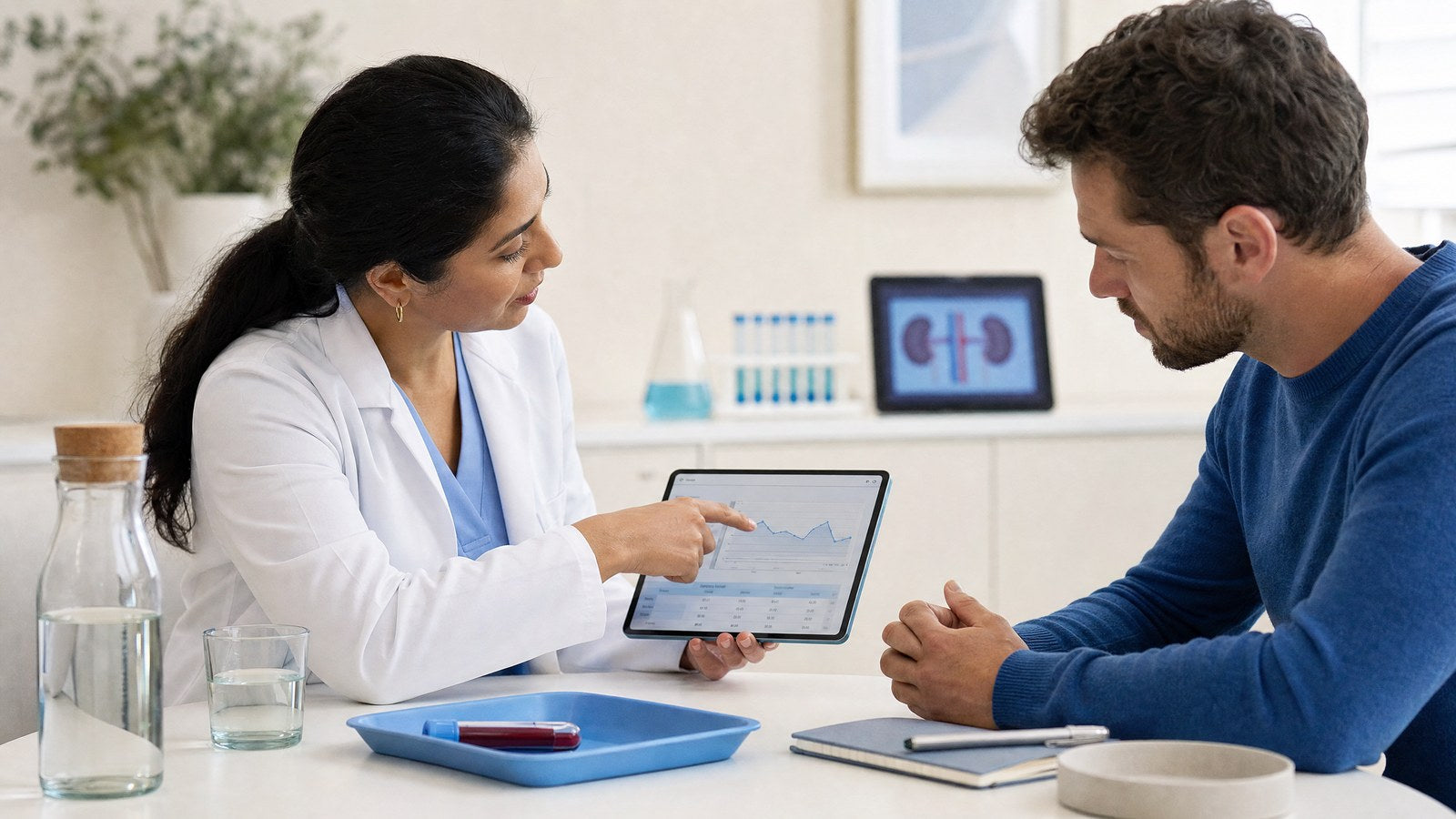 A healthcare professional reviewing kidney health data, highlighting the Creatinine (eGFR) Blood Test.