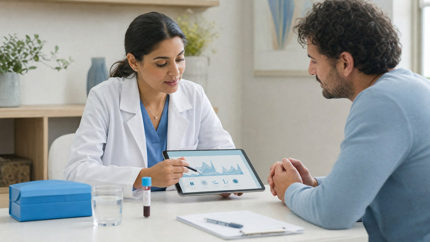 A person reviewing their SHBG blood test results with a healthcare professional