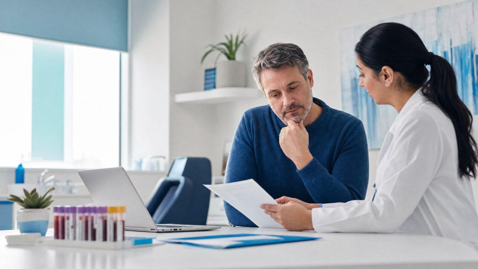 A patient discussing early detection strategies and Accutane (Isotretinoin) Treatment Blood Test results with a doctor