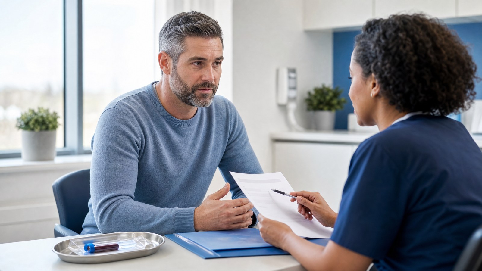 A patient discussing the Hepatitis B Core Antibody (IgM) Blood Test with a doctor