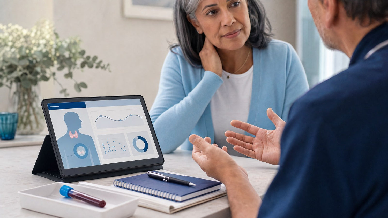 Person receiving personalised thyroid function blood test results consultation