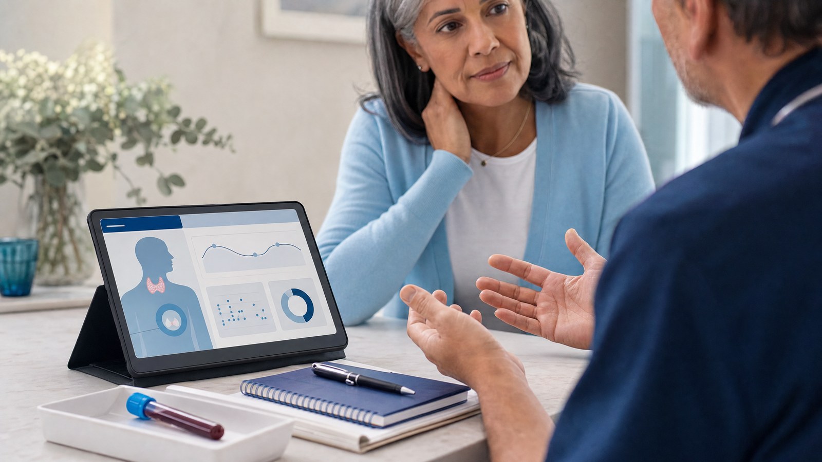 Person receiving personalised thyroid function blood test results consultation