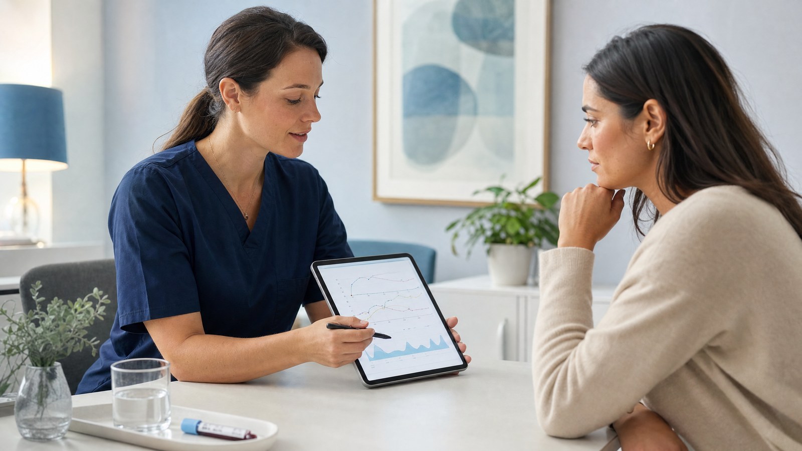 A woman looking thoughtfully at a calendar, symbolising reproductive planning and the Essentials Female Fertility blood test.