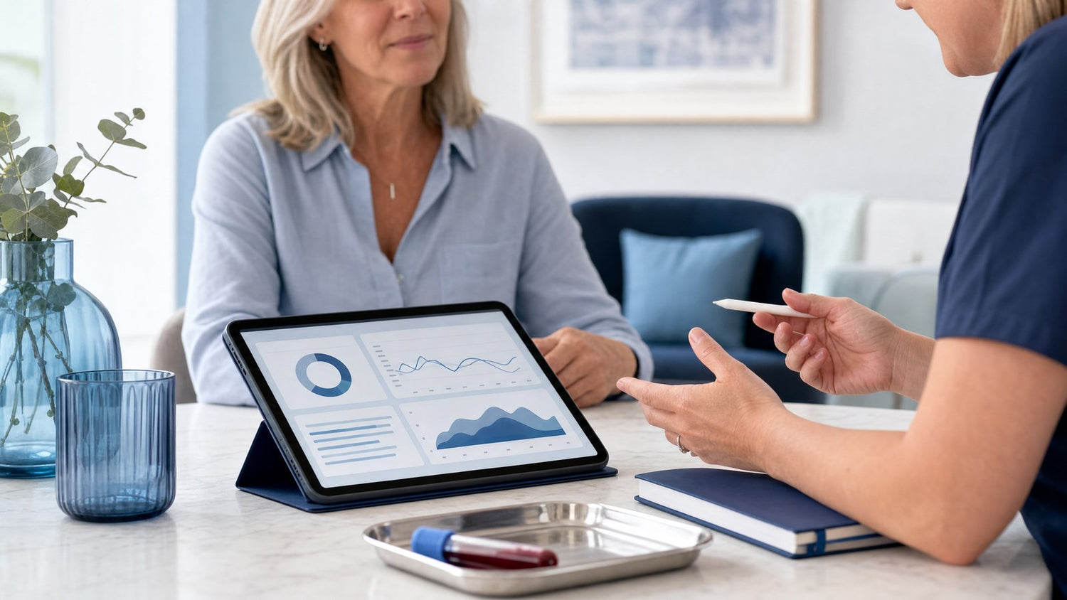 Menopause Profile blood test kit with results and menopause health symbols
