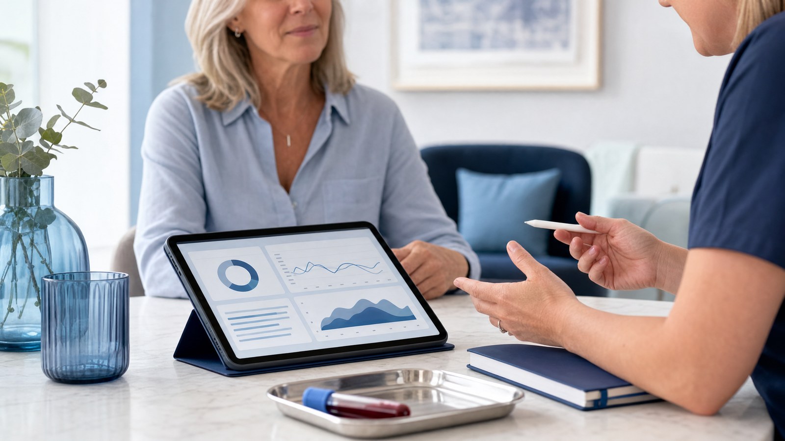 Menopause Profile blood test kit with results and menopause health symbols