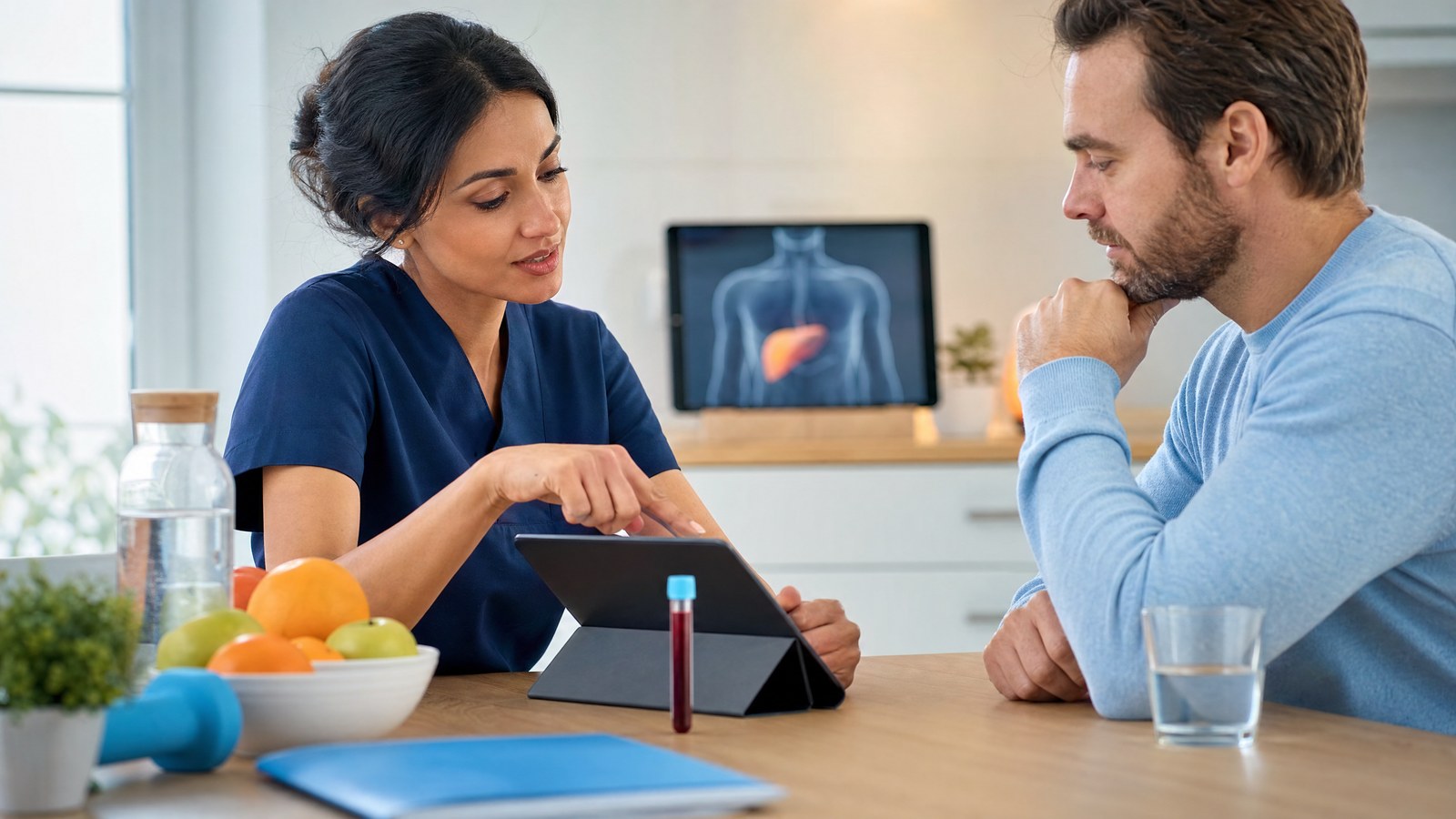 A healthcare professional reviewing a Bilirubin (Total) Blood Test report with a patient.