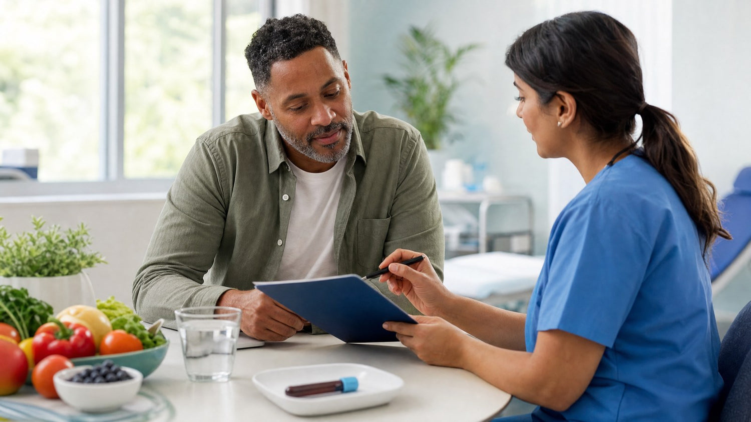 Early detection concept with Vitamin D (25-OH) blood test kit and healthcare professional
