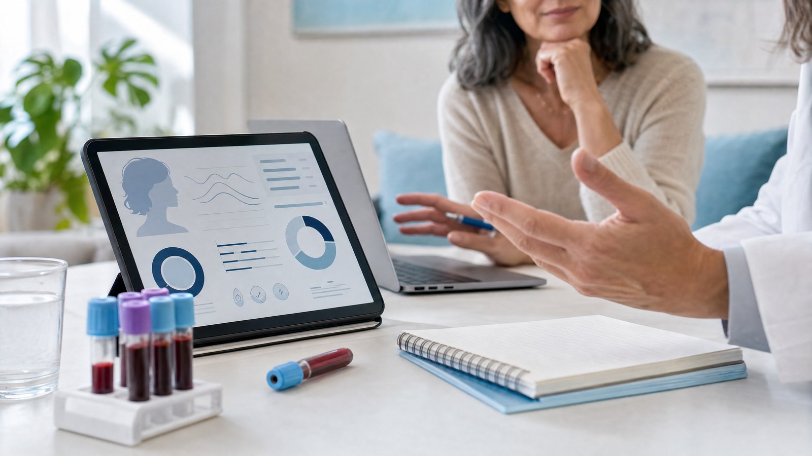 A woman reviewing her health data, empowered by the personalised insights from her Female Hair Loss Blood Test.