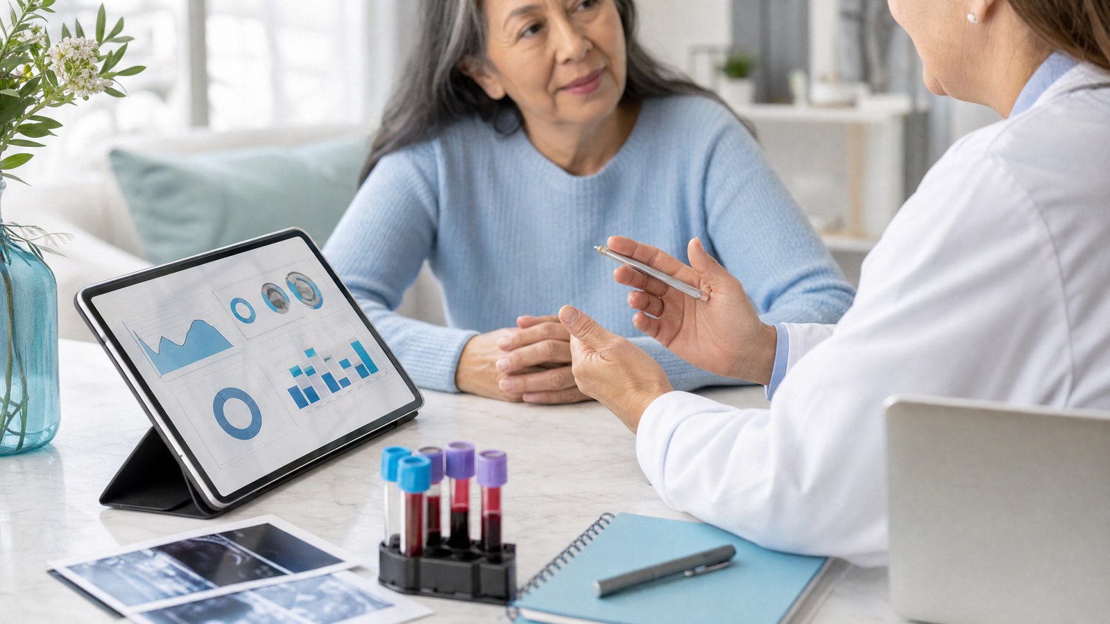A healthcare professional discussing hCG blood test results with a patient, focusing on monitoring a high-risk pregnancy.