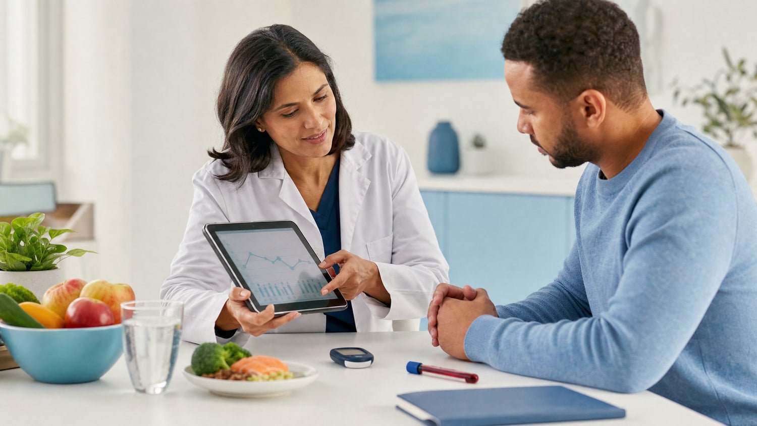 A person reviewing their HbA1c blood test results with a healthcare professional.