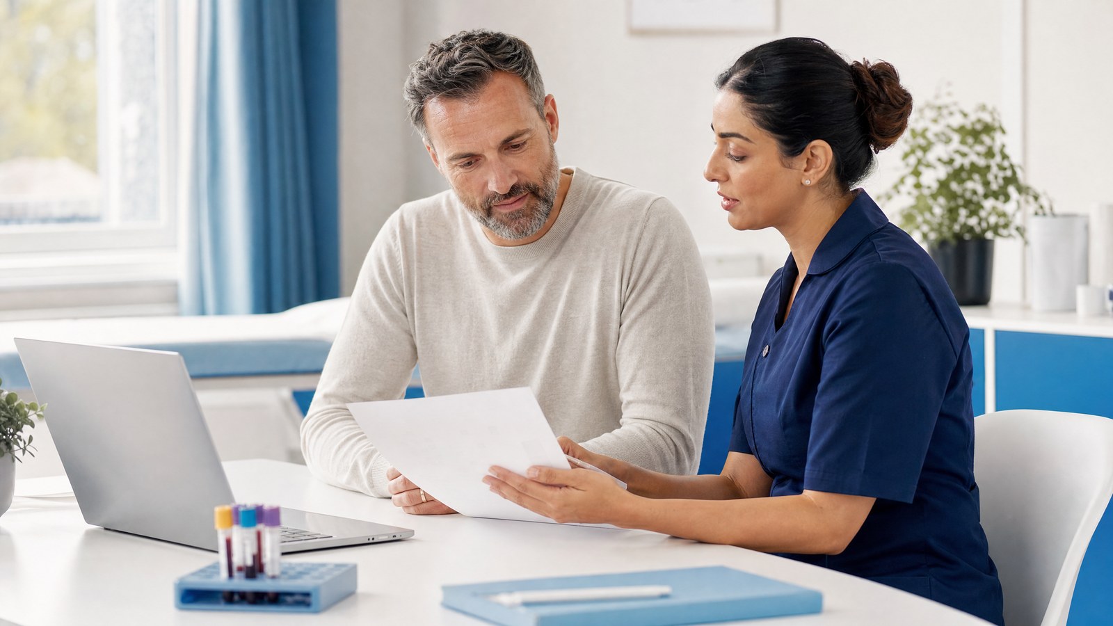 A patient discussing their ABO Type (Blood Grouping) Blood Test results with a doctor