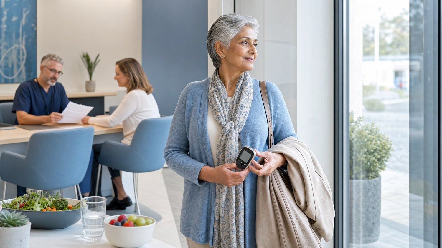A person looking relaxed and confident after taking control of their health monitoring.