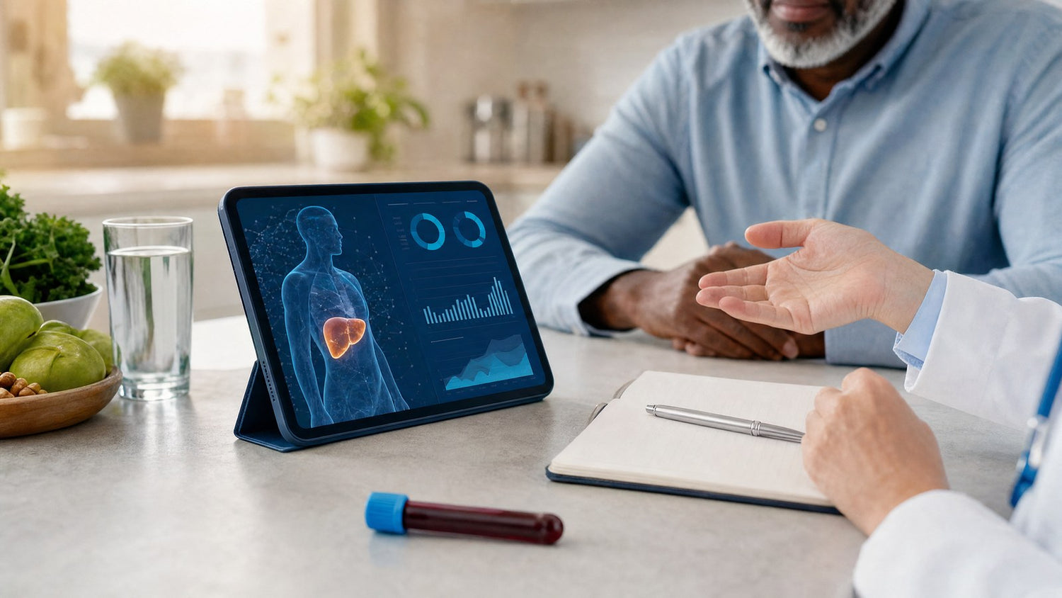A healthcare professional discussing personalised Globulin Blood Test insights with a patient