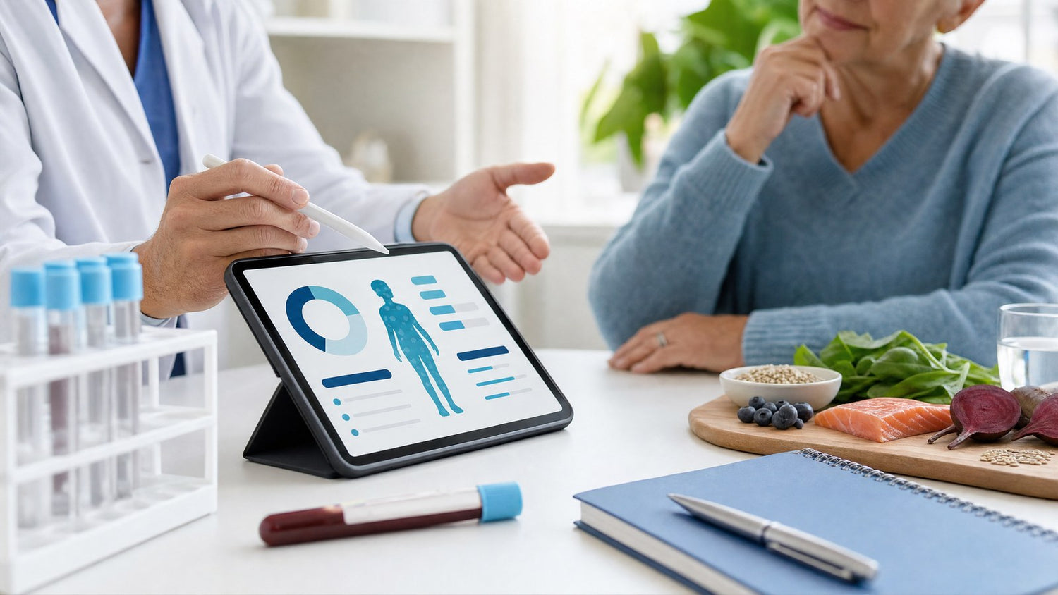 Healthcare professional analysing Vitamin B12 (Active) Blood Test results on a tablet