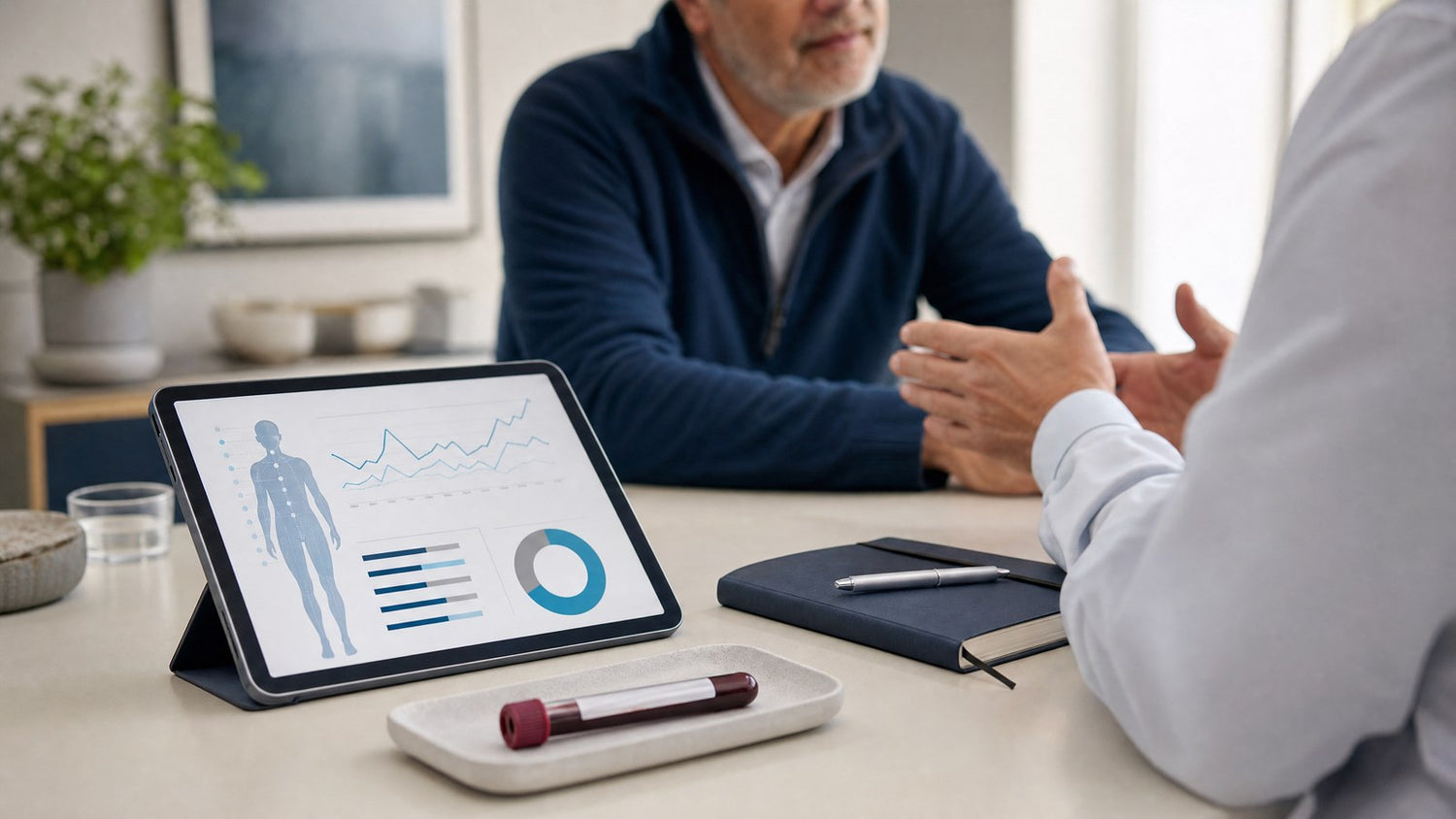 A healthcare professional explaining the results of an Ultimate Male Fertility Test to a patient.