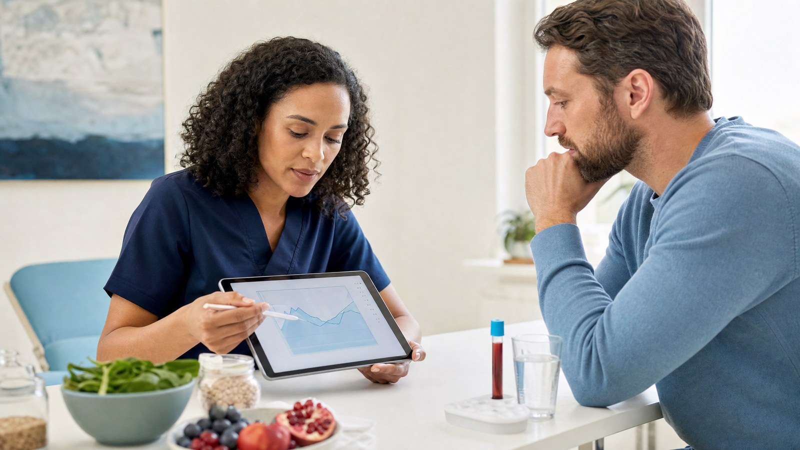 A healthcare professional reviewing results for the Iron Status Blood Test