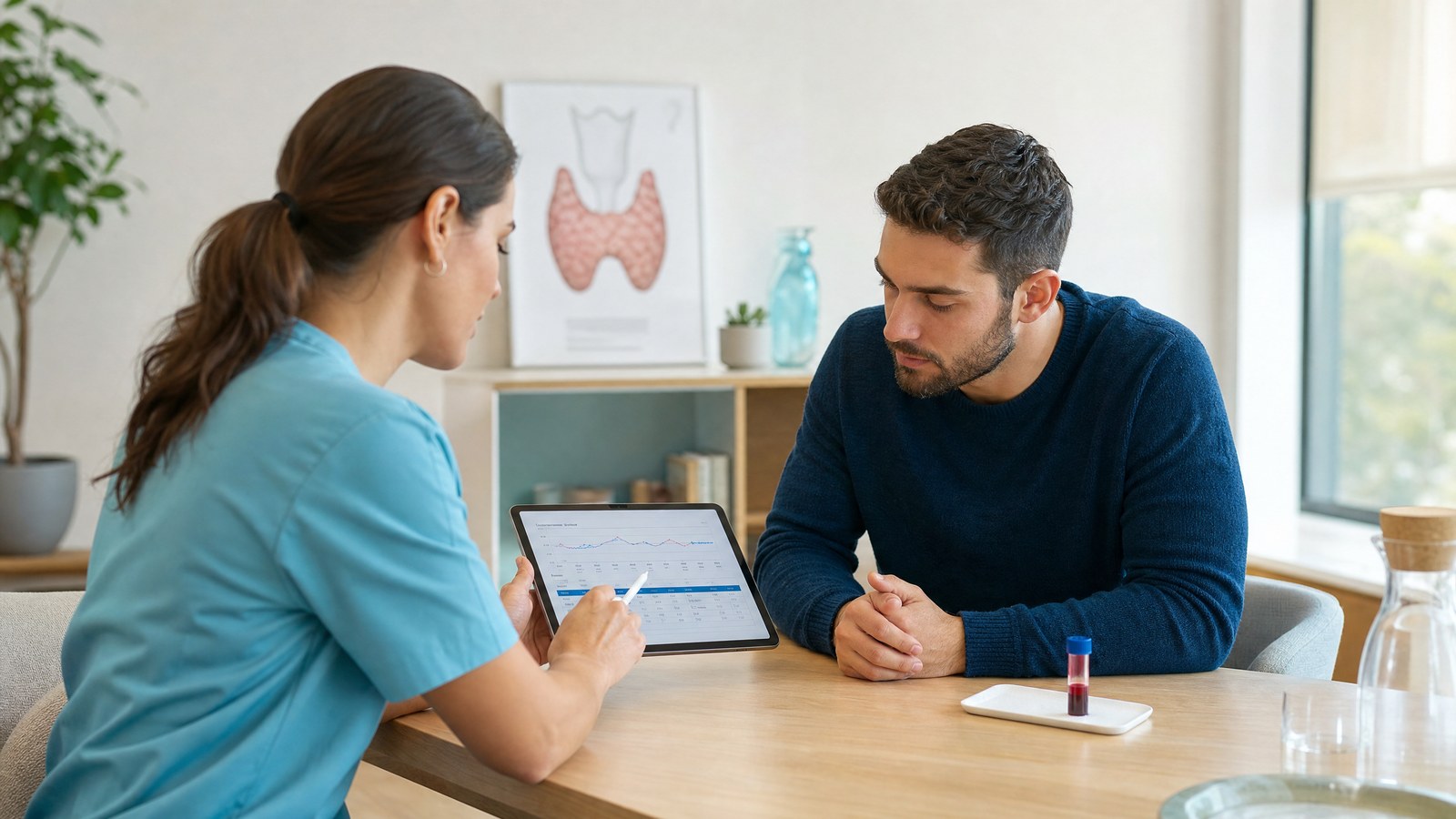 A healthcare professional explaining the importance of the T3 blood test to a patient.