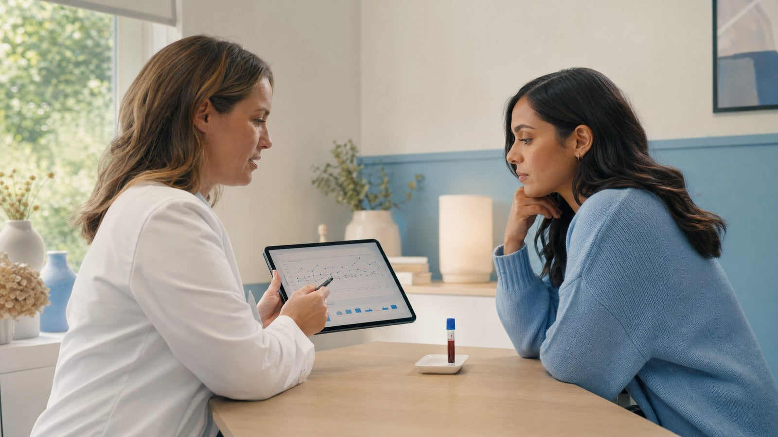 Woman reviewing her Day 3 Fertility Blood Test results with a healthcare professional