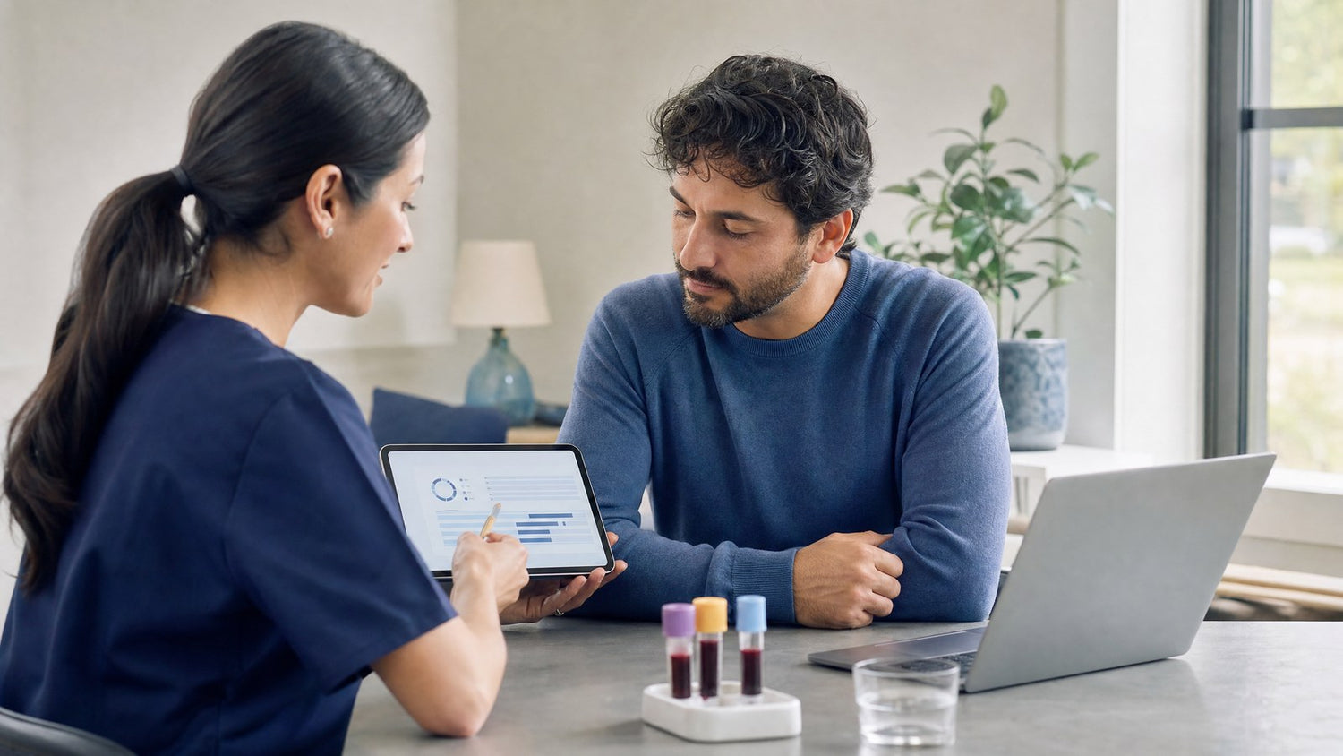 A person reviewing their Mineral Screen and Industrial Heavy Metal Screen blood test results with a healthcare professional.