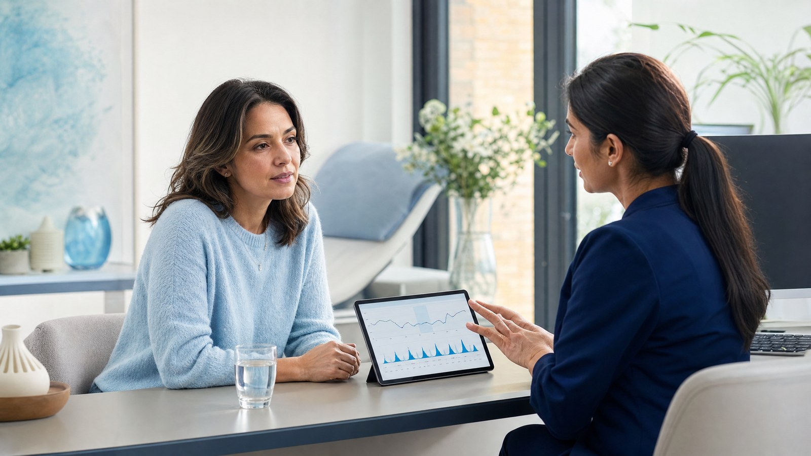 A woman reviewing her Advanced Female Fertility Check results with a healthcare professional