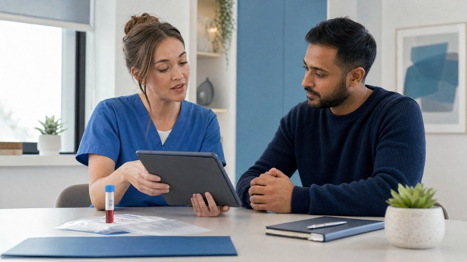 A healthcare professional discussing the Syphilis TP Latex Blood Test with a patient