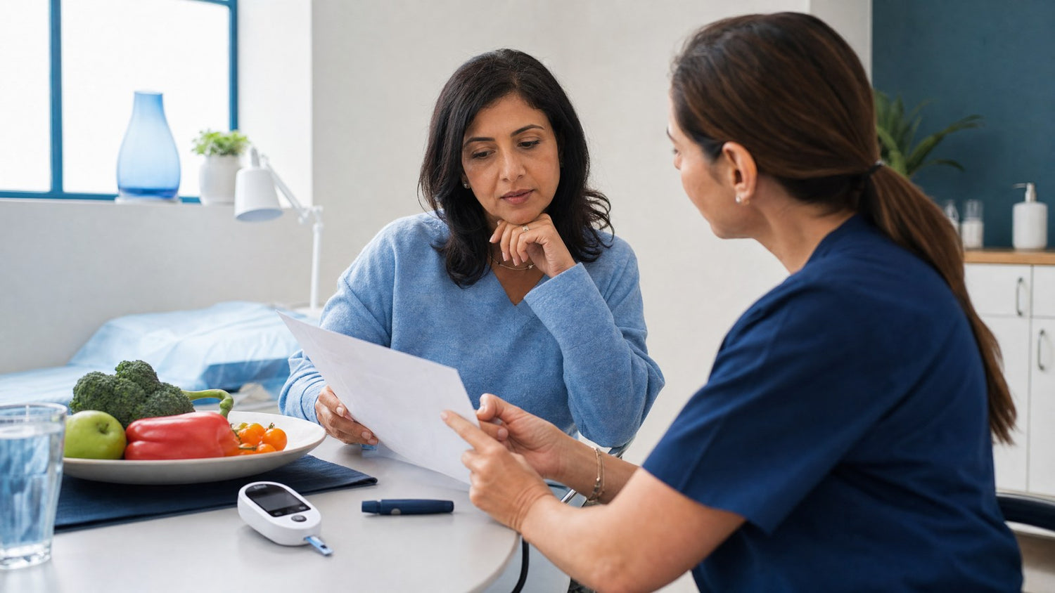 A healthcare professional discussing Glucose Blood Test results with a patient