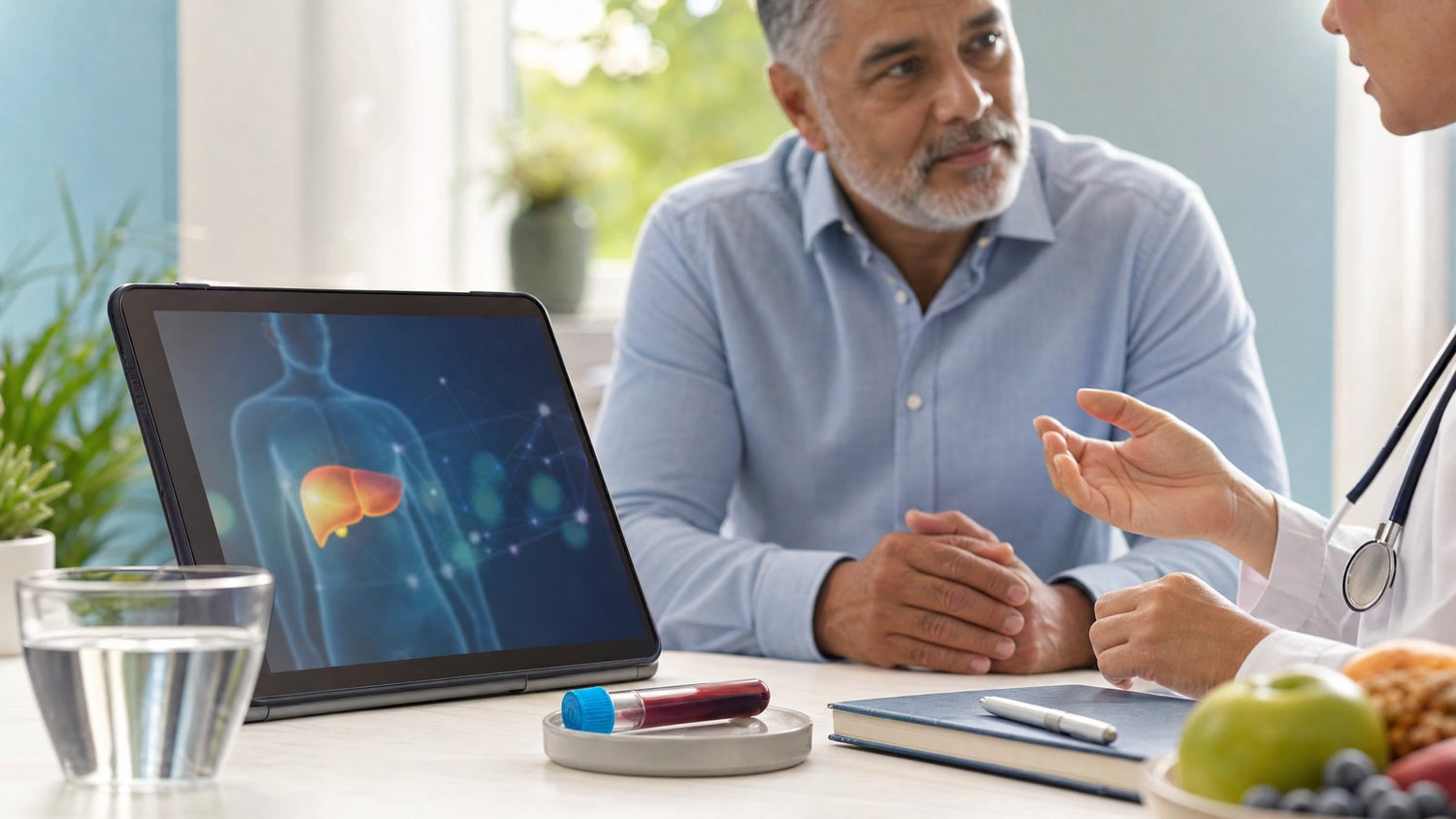 A person reviewing their personalised Bilirubin (Total) Blood Test results on a tablet.