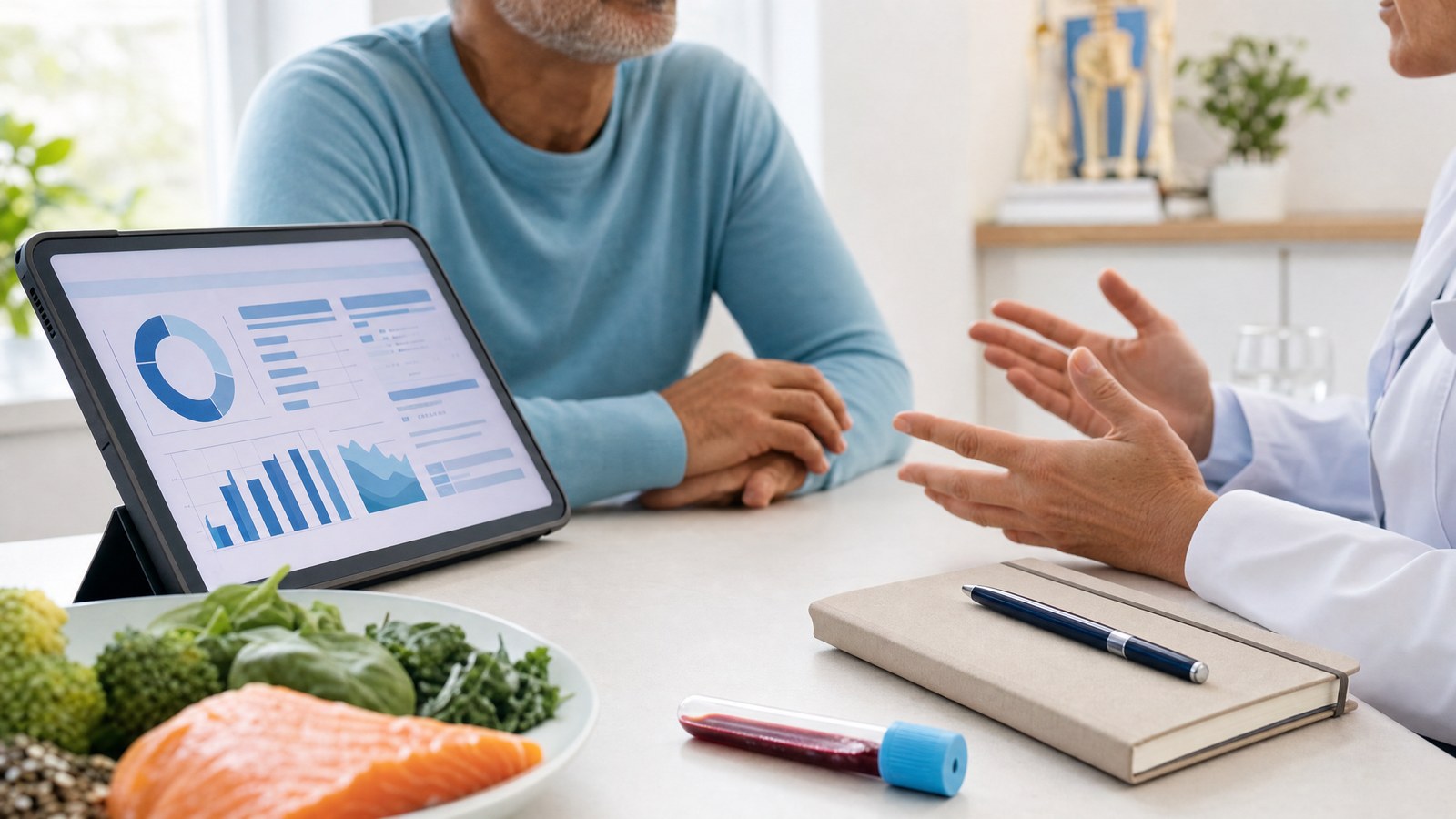 Personalised healthcare concept showing Vitamin D (25-OH) blood test results and lifestyle plan