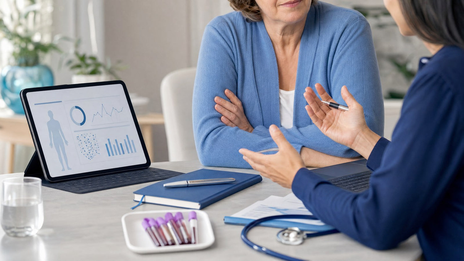 A healthcare professional discussing the results of a Tumour Markers Female Blood Test with a patient.